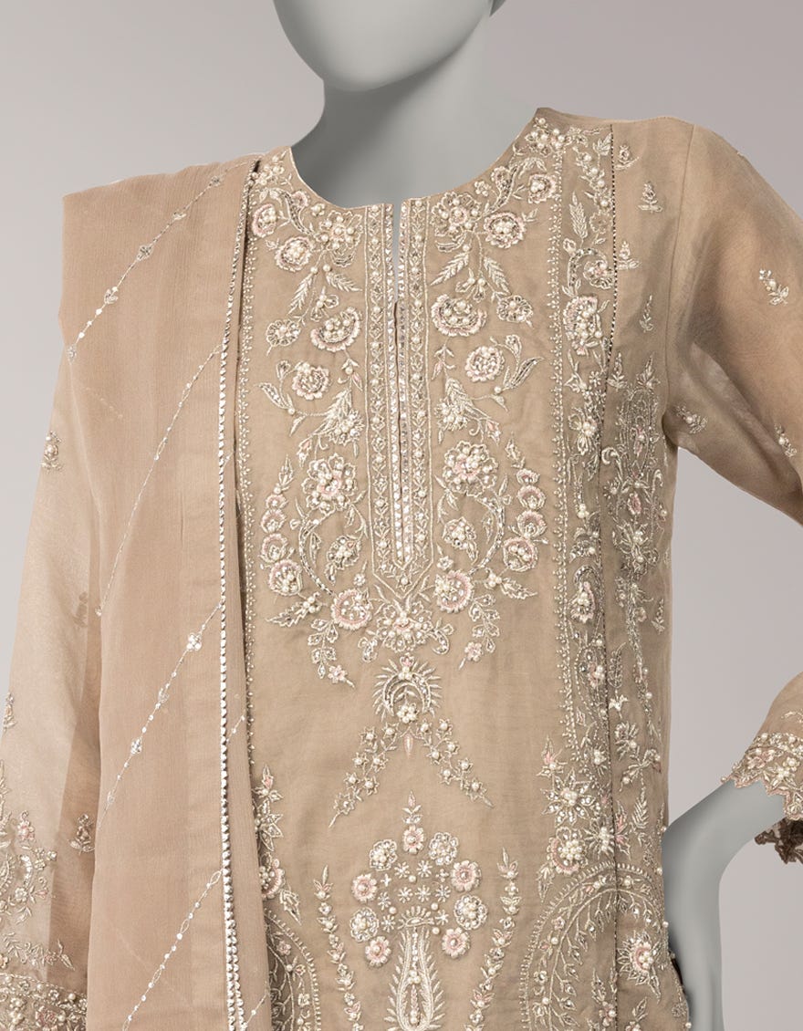 BEIGE ORGANZA EMBROIDERED UNSTITCHED 3PC