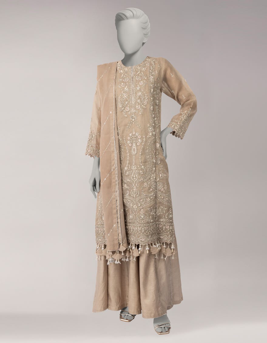 BEIGE ORGANZA EMBROIDERED UNSTITCHED 3PC