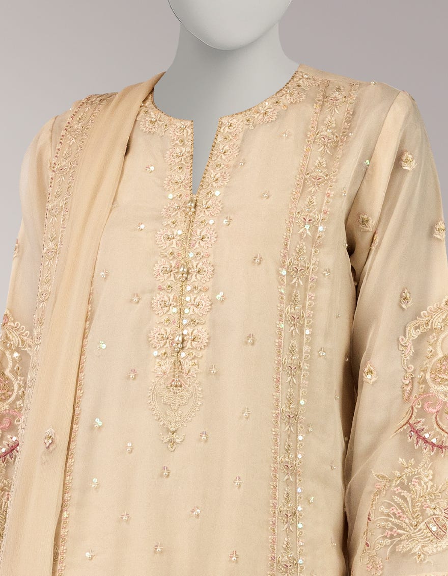 IVORY ORGANZA EMBROIDERED UNSTITCHED 3PC