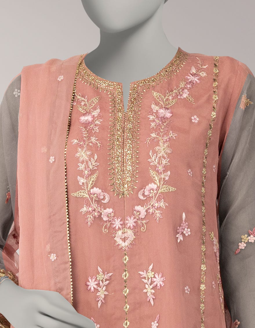 PINK ORGANZA EMBROIDERED UNSTITCHED 3PC