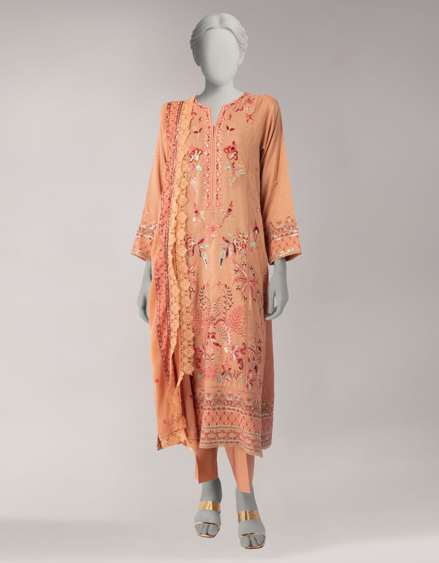 PEACH CHIFFON EMBROIDERED UNSTITCHED 3PC