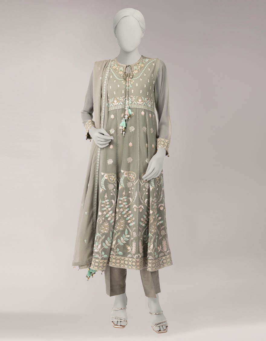 GREY CHIFFON EMBROIDERED UNSTITCHED 3PC