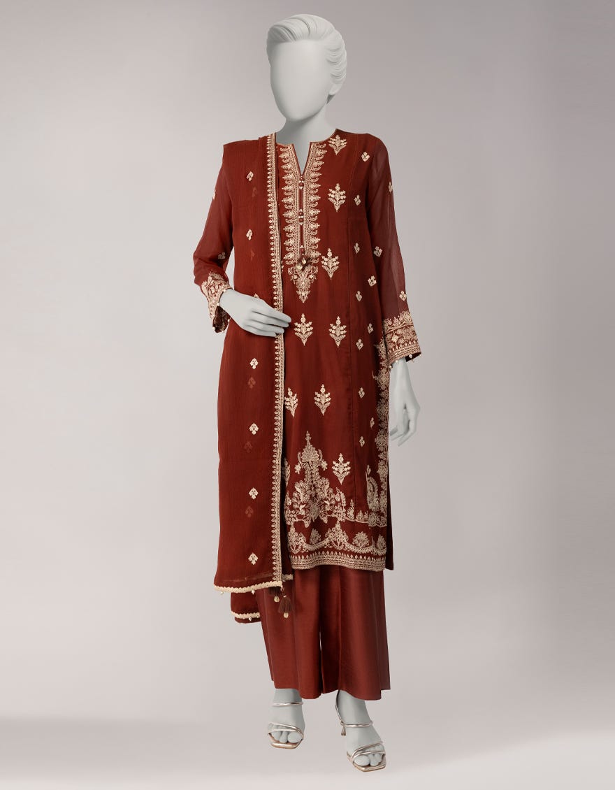 DEEP BROWN CHIFFON EMBROIDERED UNSTITCHED 3PC