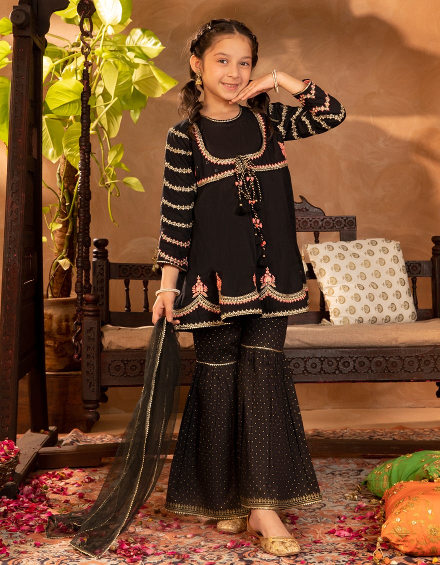 BLACK LAWN SILK EMBROIDERED 3PC STITCHED