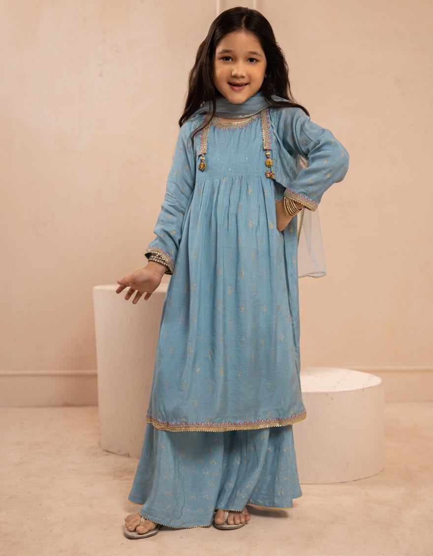 BLUE SILK EMBROIDERED 3PC STITCHED