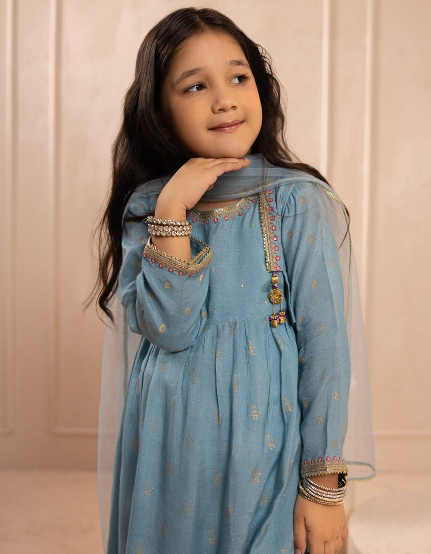 BLUE SILK EMBROIDERED 3PC STITCHED