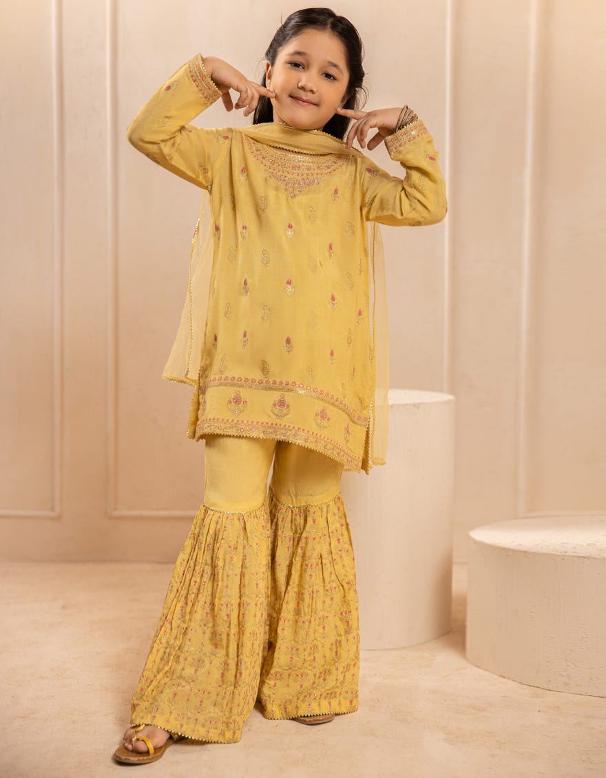 YELLOW SILK EMBROIDERED 3PC STITCHED