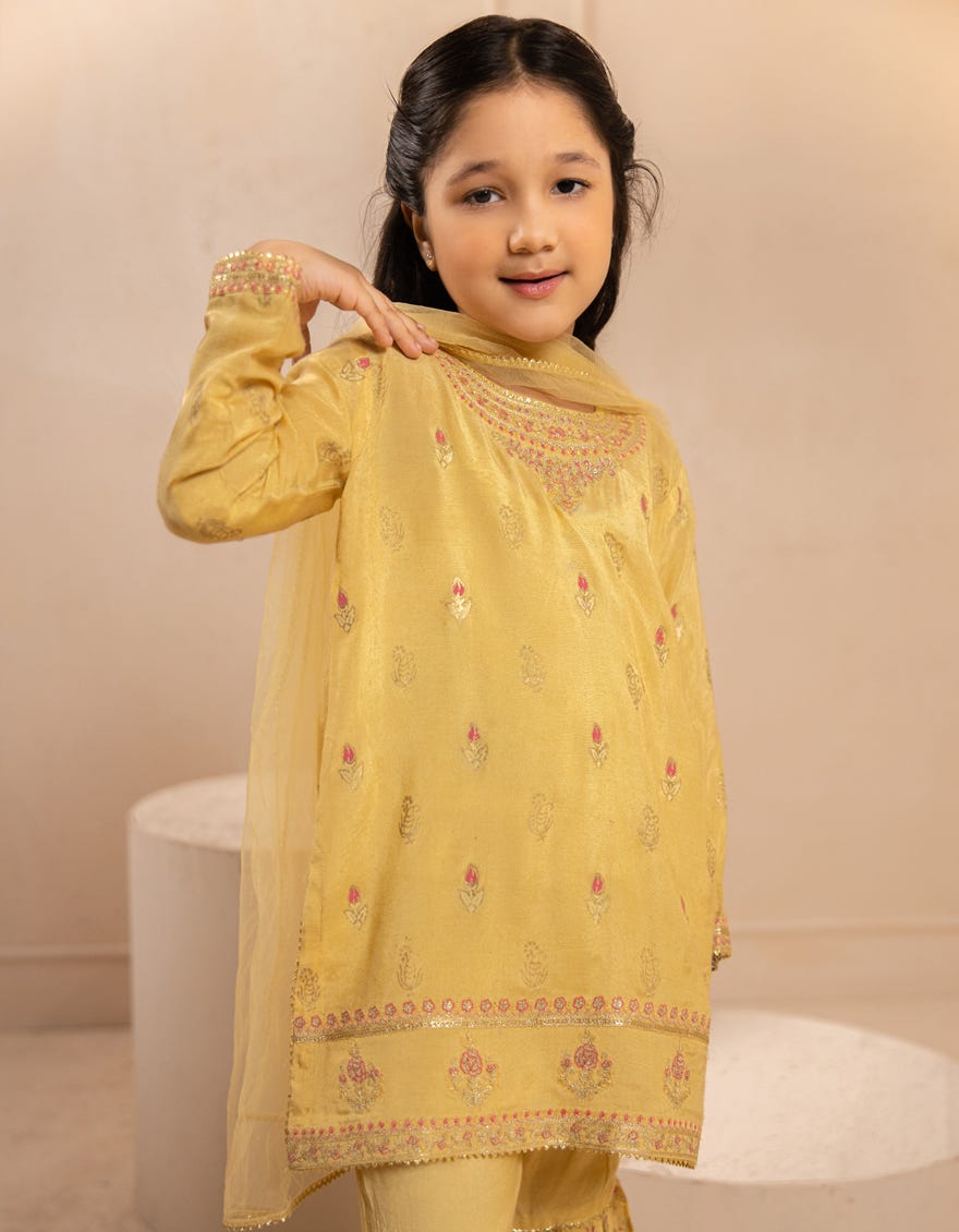 YELLOW SILK EMBROIDERED 3PC STITCHED