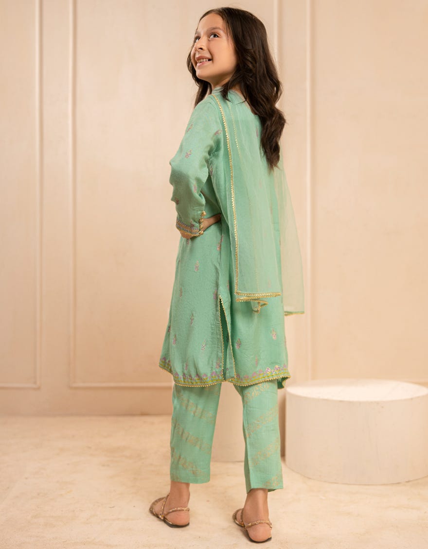 GREEN SILK EMBROIDERED 3PC STITCHED