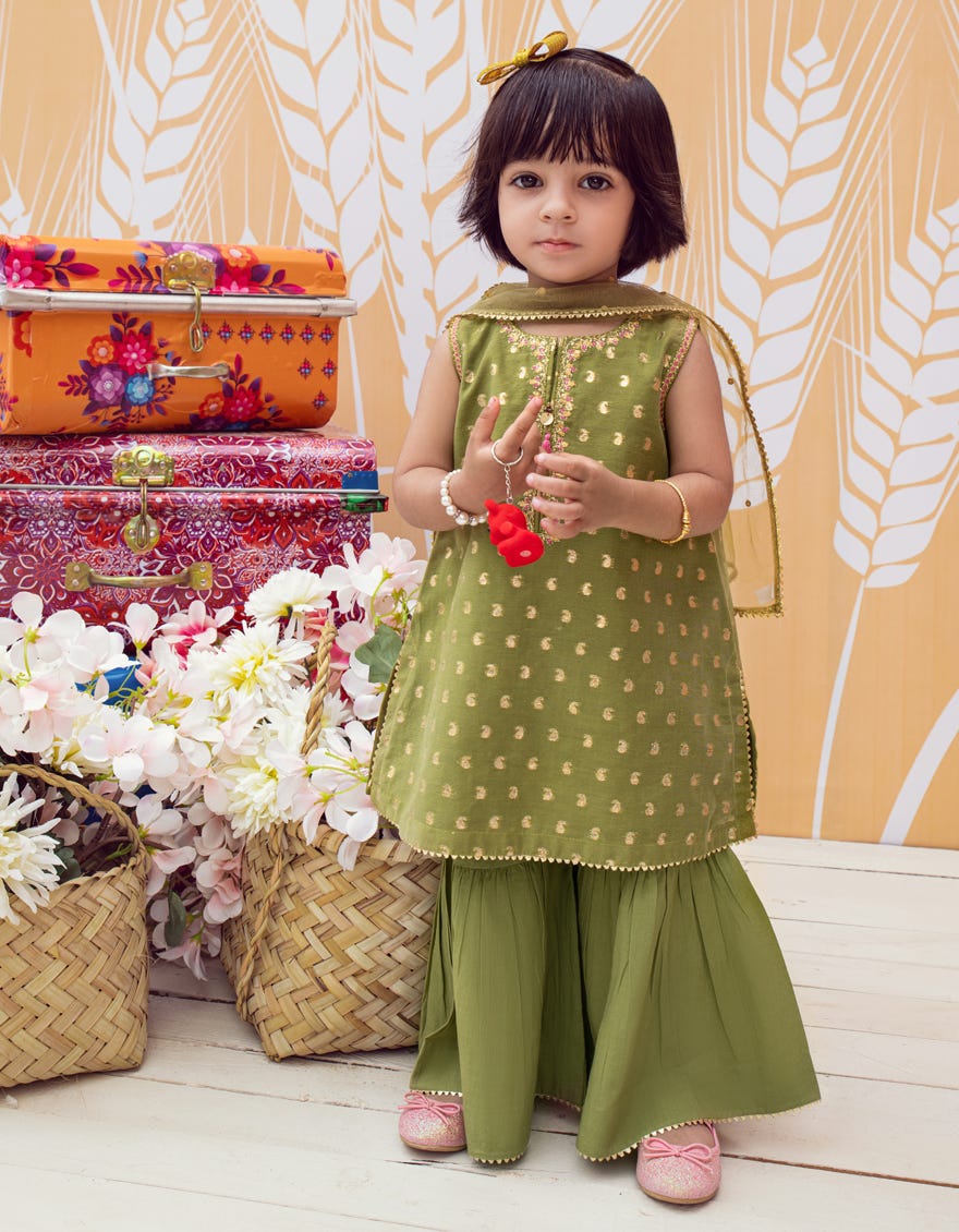 Green Jacquard Infant 3 Piece Stitched Dress | Jik-W-Jgin-23-064