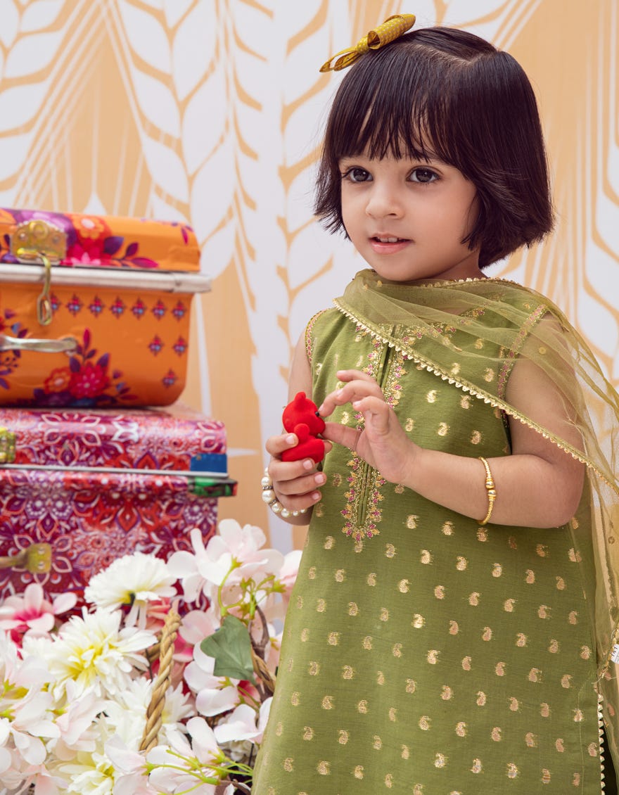 Green Jacquard Infant 3 Piece Stitched Dress | Jik-W-Jgin-23-064