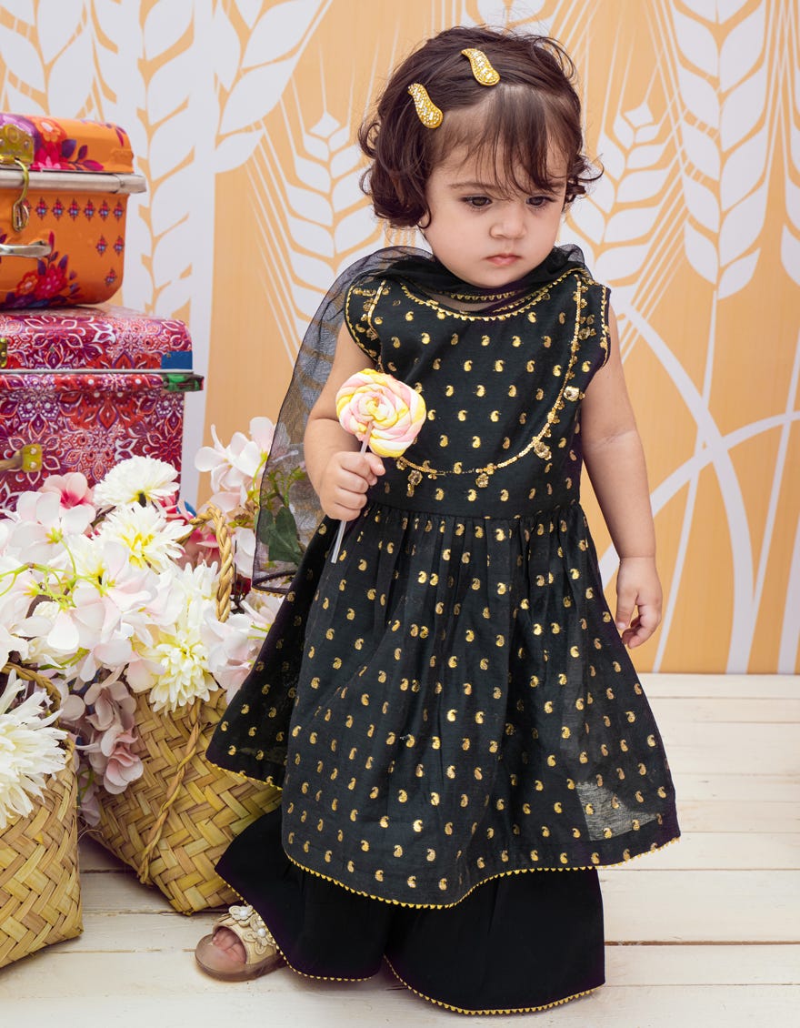Black Jacquard Infant 3 Piece Stitched Dress | Jik-W-Jgin-23-065