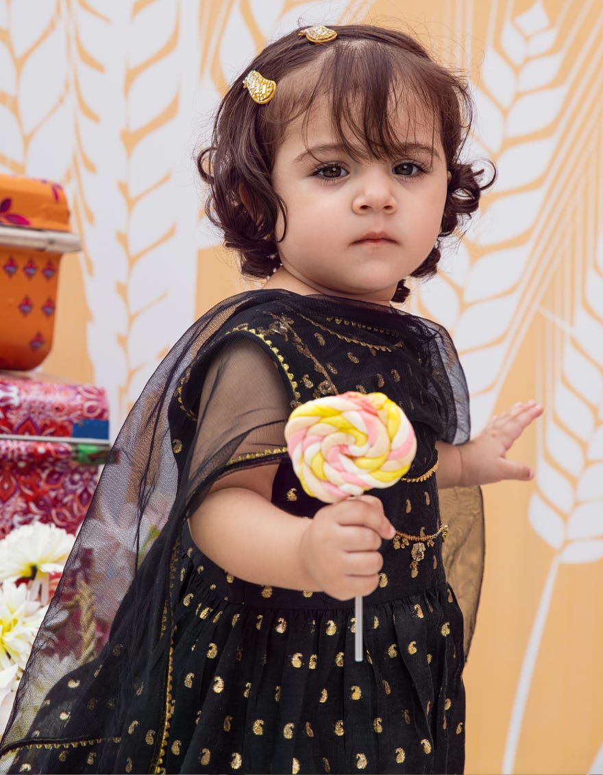 Black Jacquard Infant 3 Piece Stitched Dress | Jik-W-Jgin-23-065