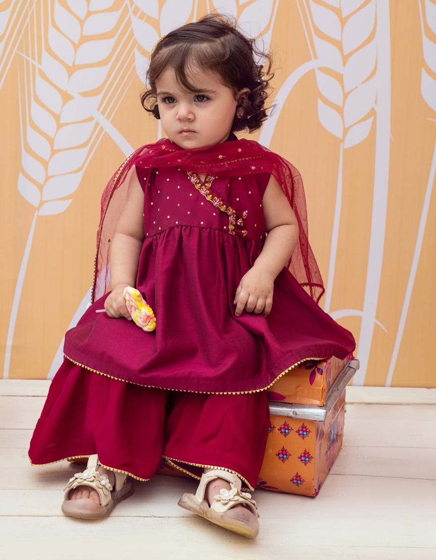Magenta Raw Silk Infant 3 Piece Stitched Dress | Jik-W-Jgin-23-066