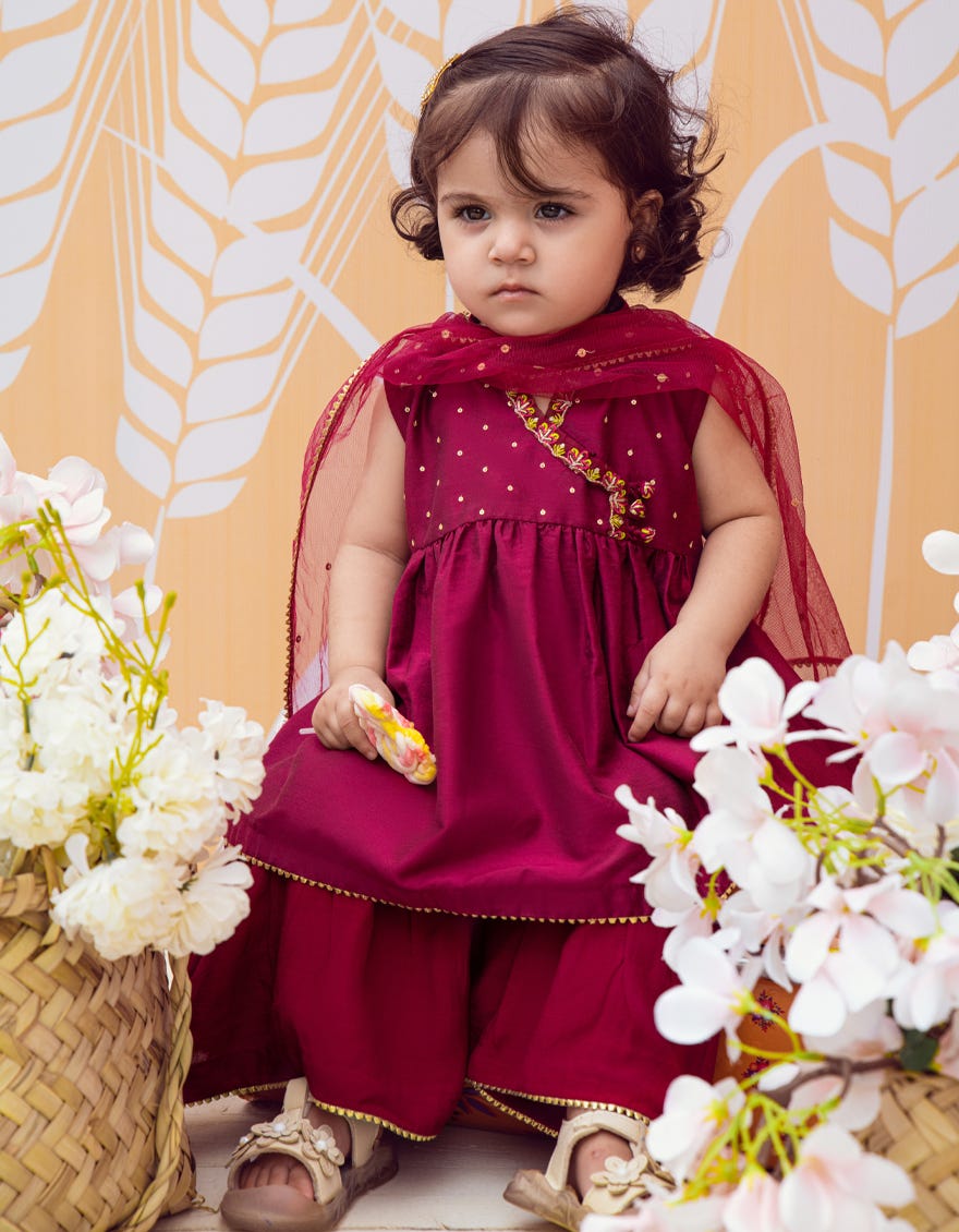 Magenta Raw Silk Infant 3 Piece Stitched Dress | Jik-W-Jgin-23-066