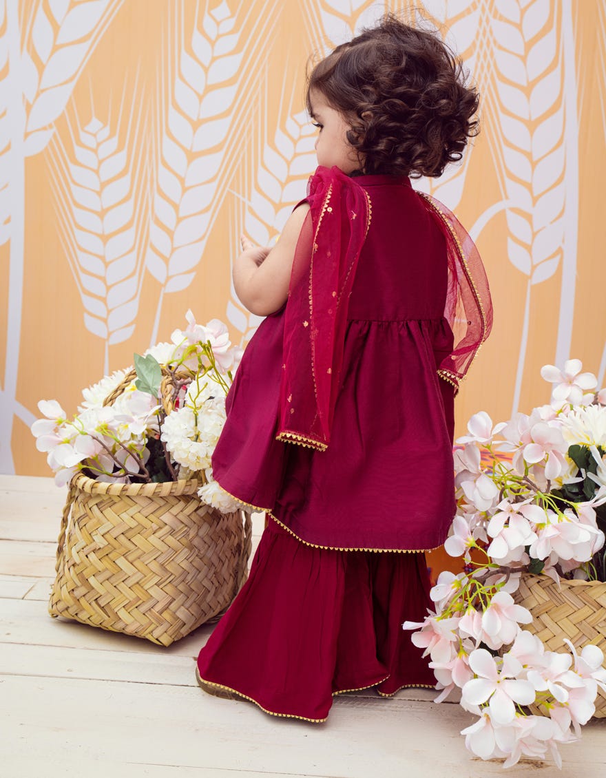 Magenta Raw Silk Infant 3 Piece Stitched Dress | Jik-W-Jgin-23-066