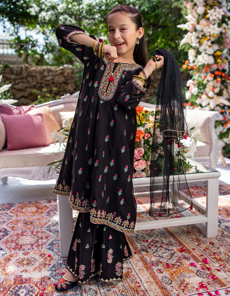 BLACK COTTON DOBBY EMBROIDERED 3PC STITCHED