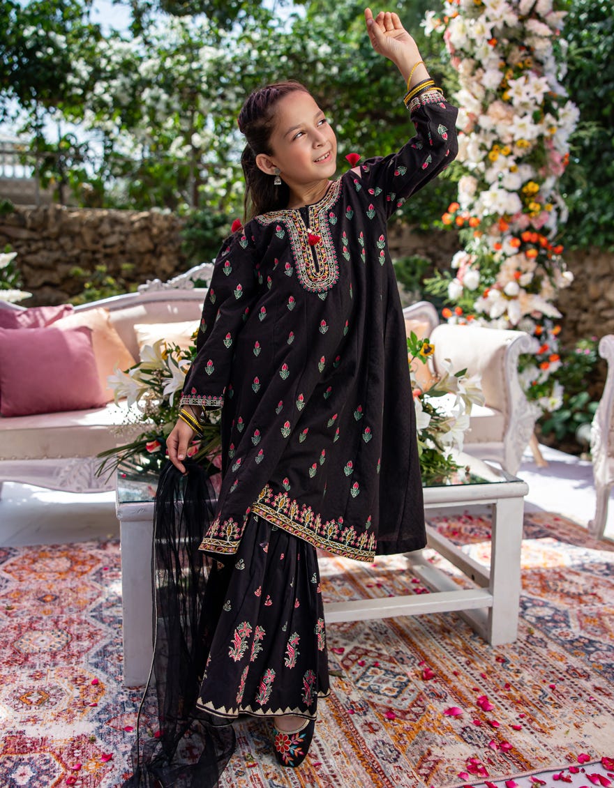 BLACK COTTON DOBBY EMBROIDERED 3PC STITCHED