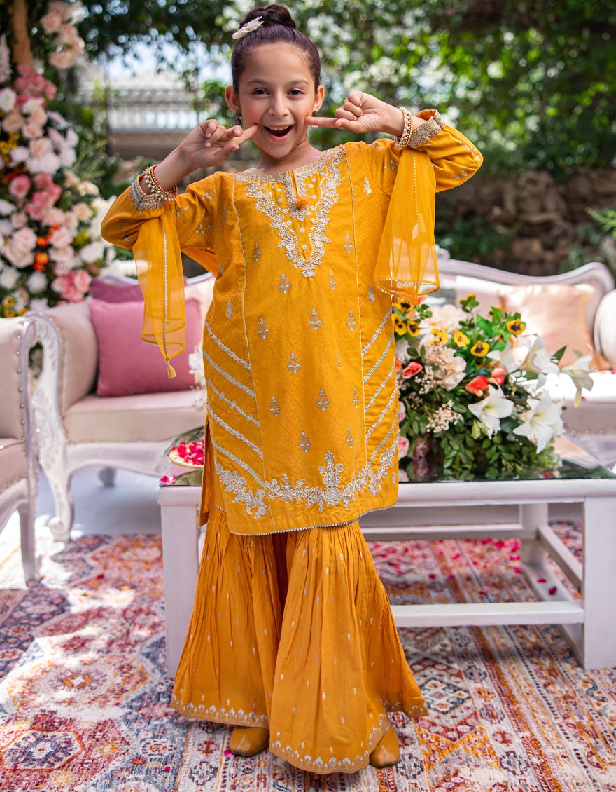 YELLOW DOBBY EMBROIDERED 3PC STITCHED