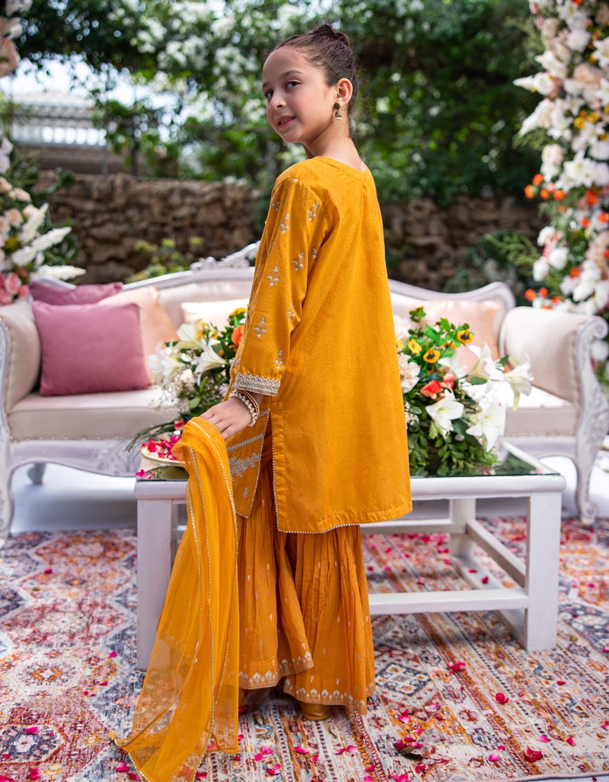 YELLOW DOBBY EMBROIDERED 3PC STITCHED