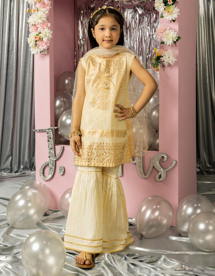 BEIGE LAWN FOIL PRINTED 3PC STITCHED