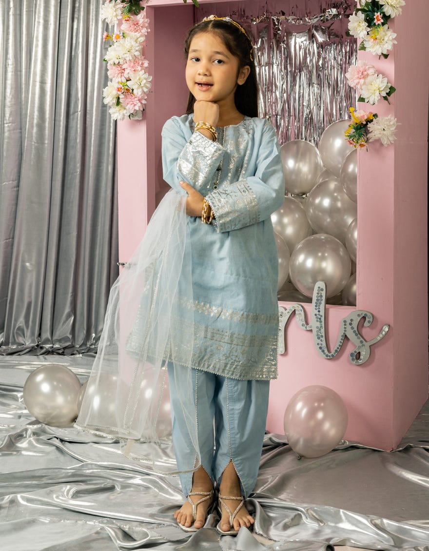 BLUE LAWN FOIL PRINTED 3PC STITCHED