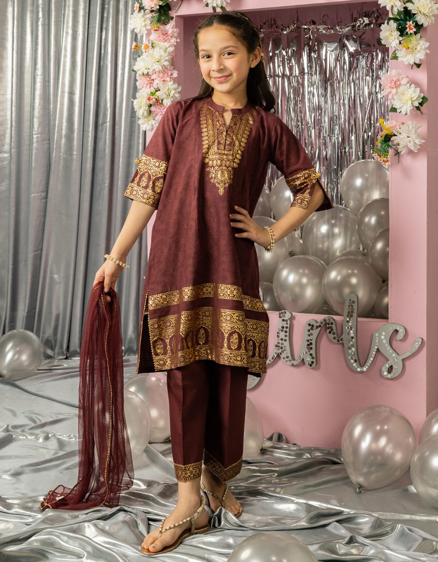 MAROON LAWN FOIL PRINTED 3PC STITCHED
