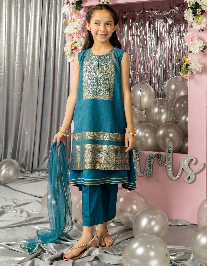 BLUE LAWN FOIL PRINTED 3PC STITCHED