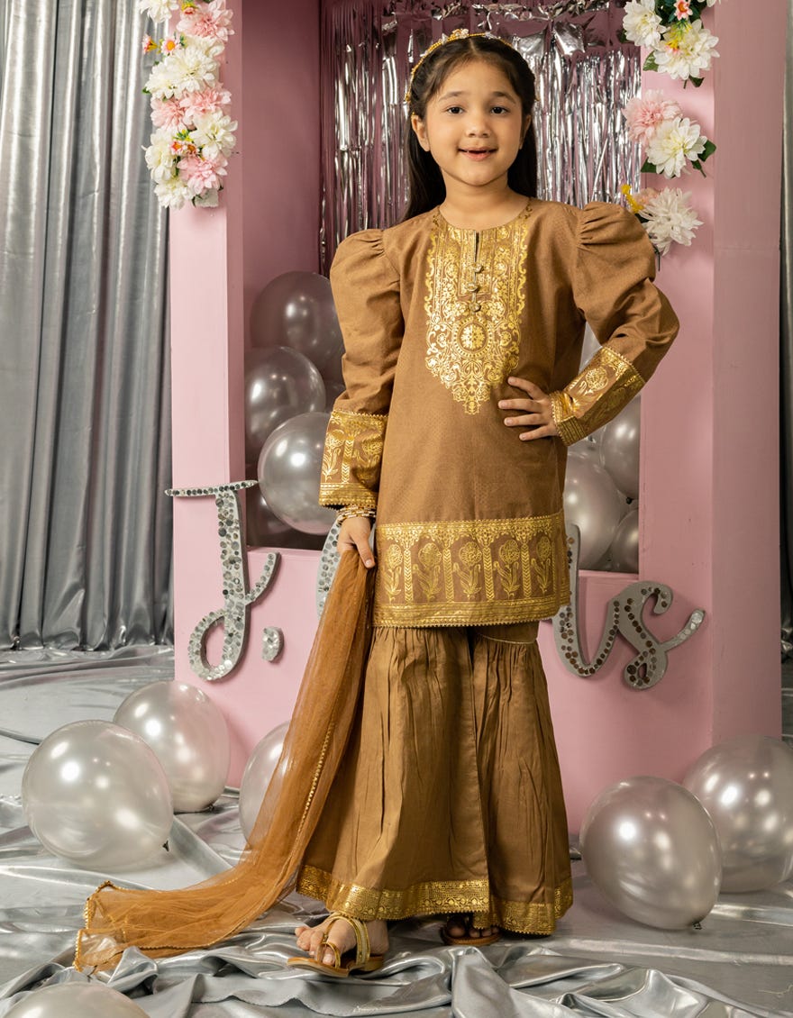 BROWN LAWN FOIL PRINTED 3PC STITCHED