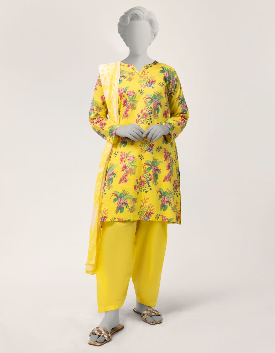 YELLOW LAWN PRINTED 3PC STITCHED