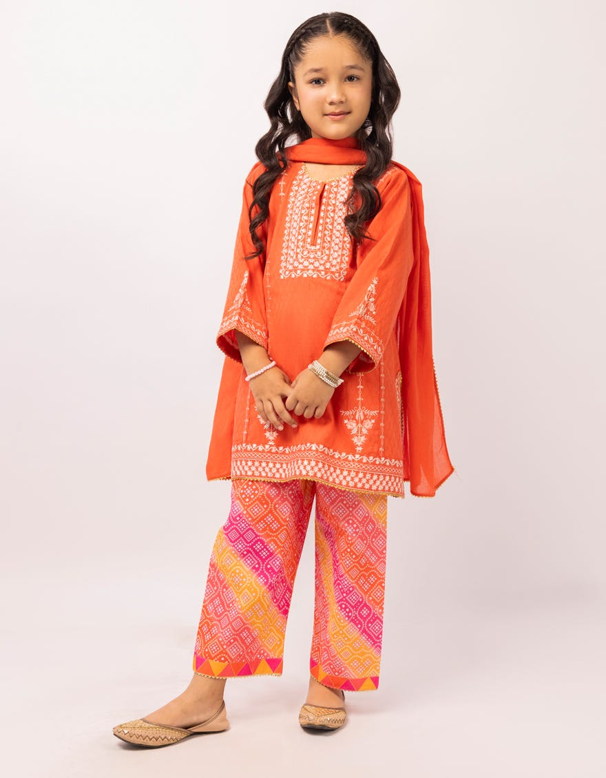 RUST DOBBY EMBROIDERED STITCHED 3PC