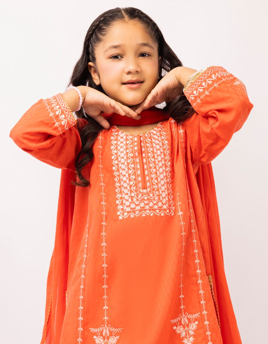 RUST DOBBY EMBROIDERED STITCHED 3PC