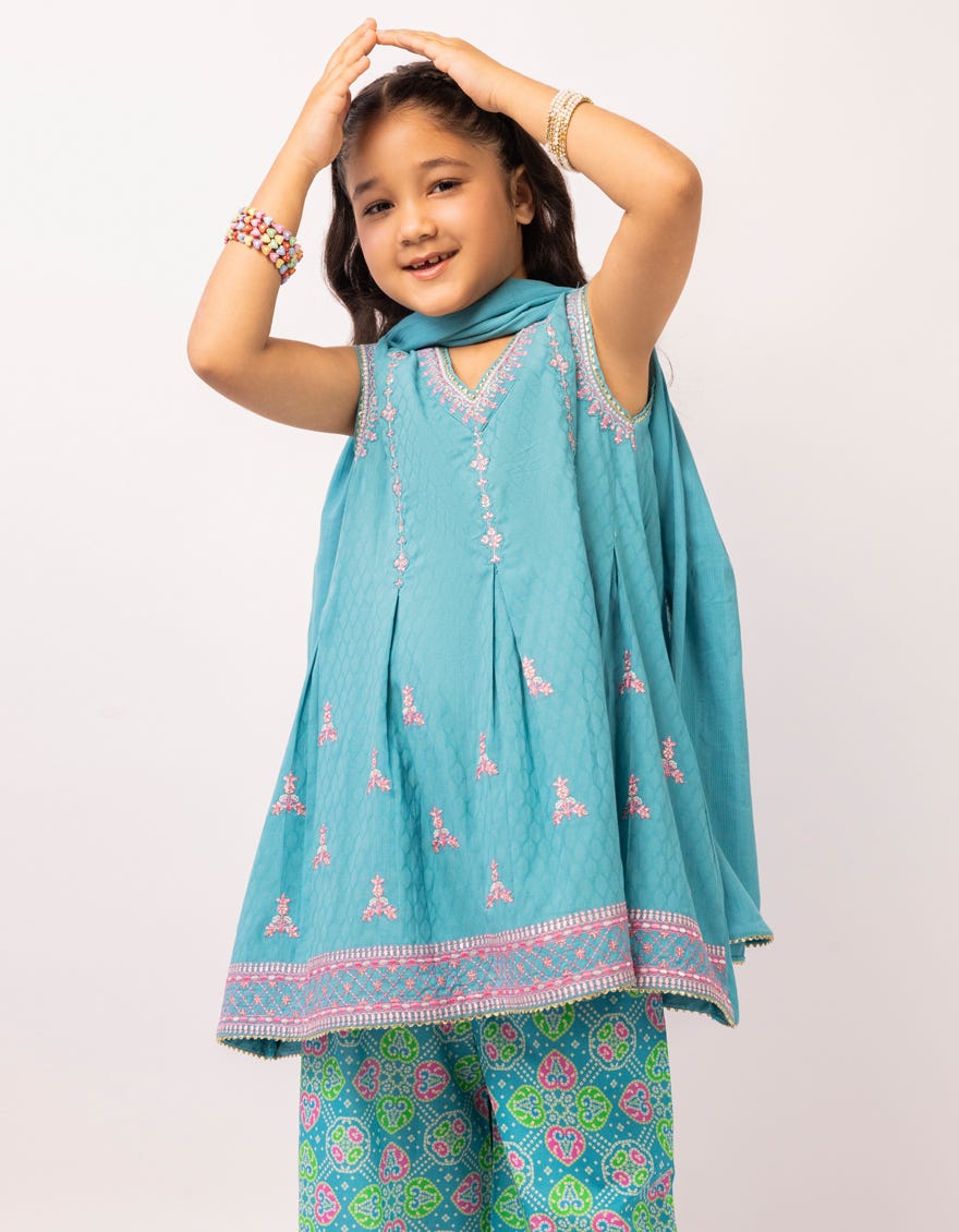 BLUE DOBBY EMBROIDERED STITCHED 3PC