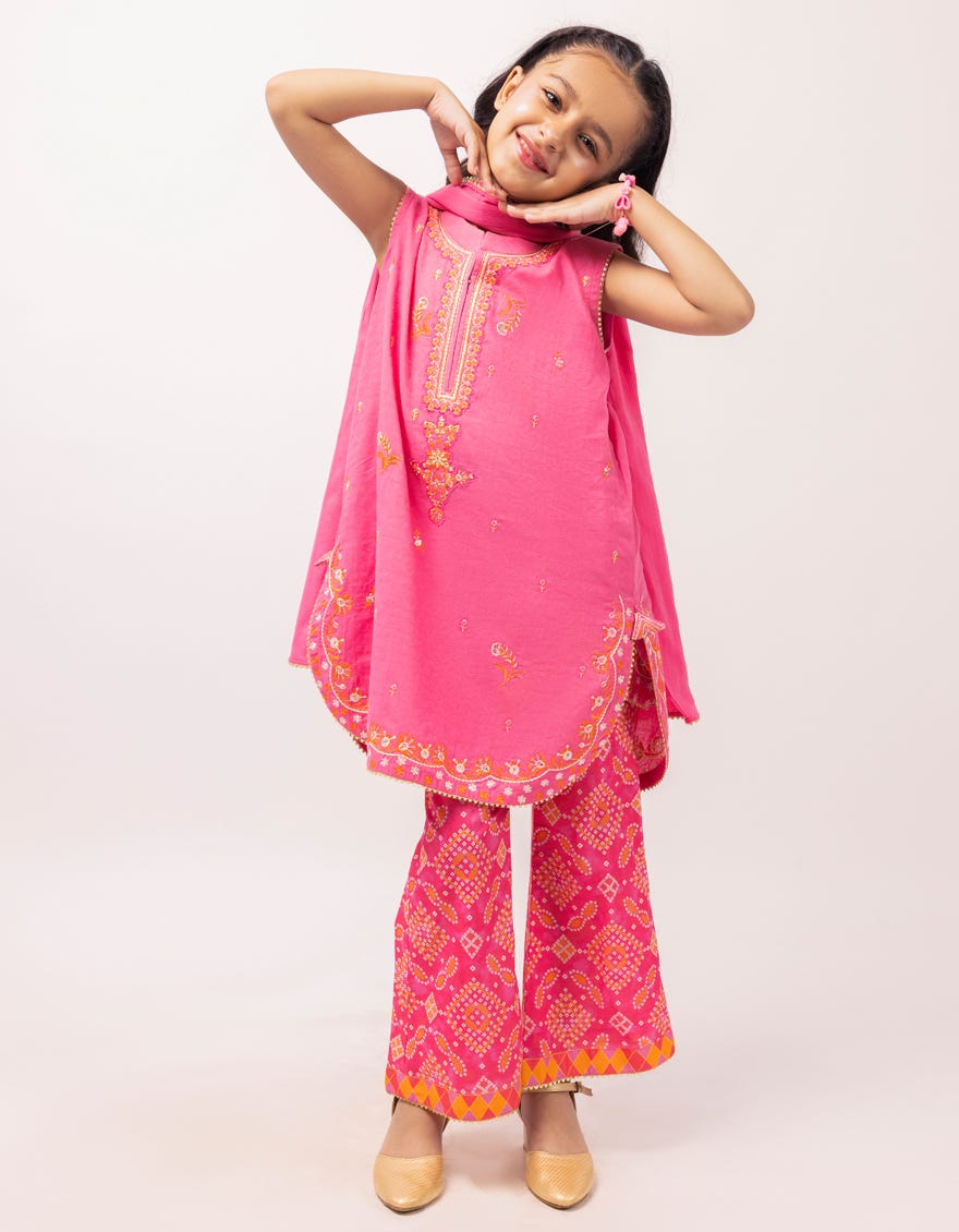 PINK DOBBY EMBROIDERED STITCHED 3PC