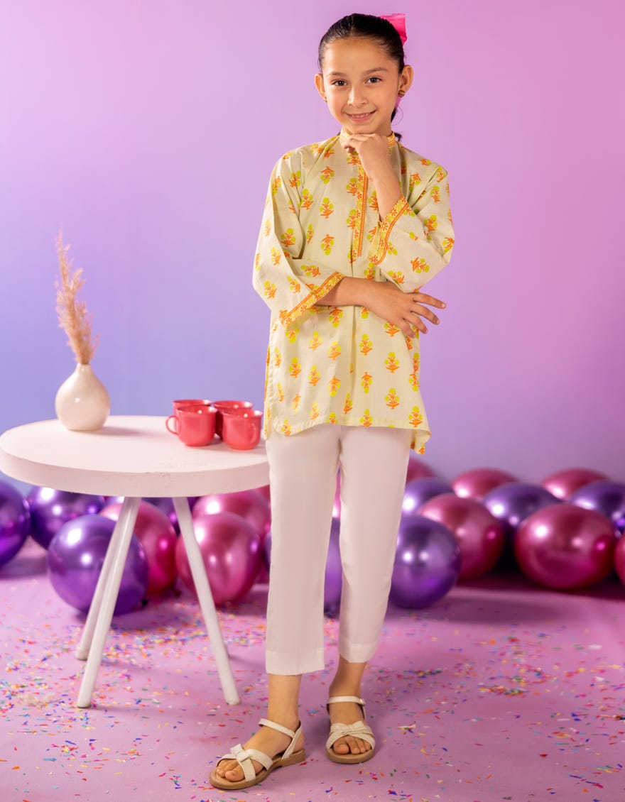 YELLOW LAWN PRINTED KURTI