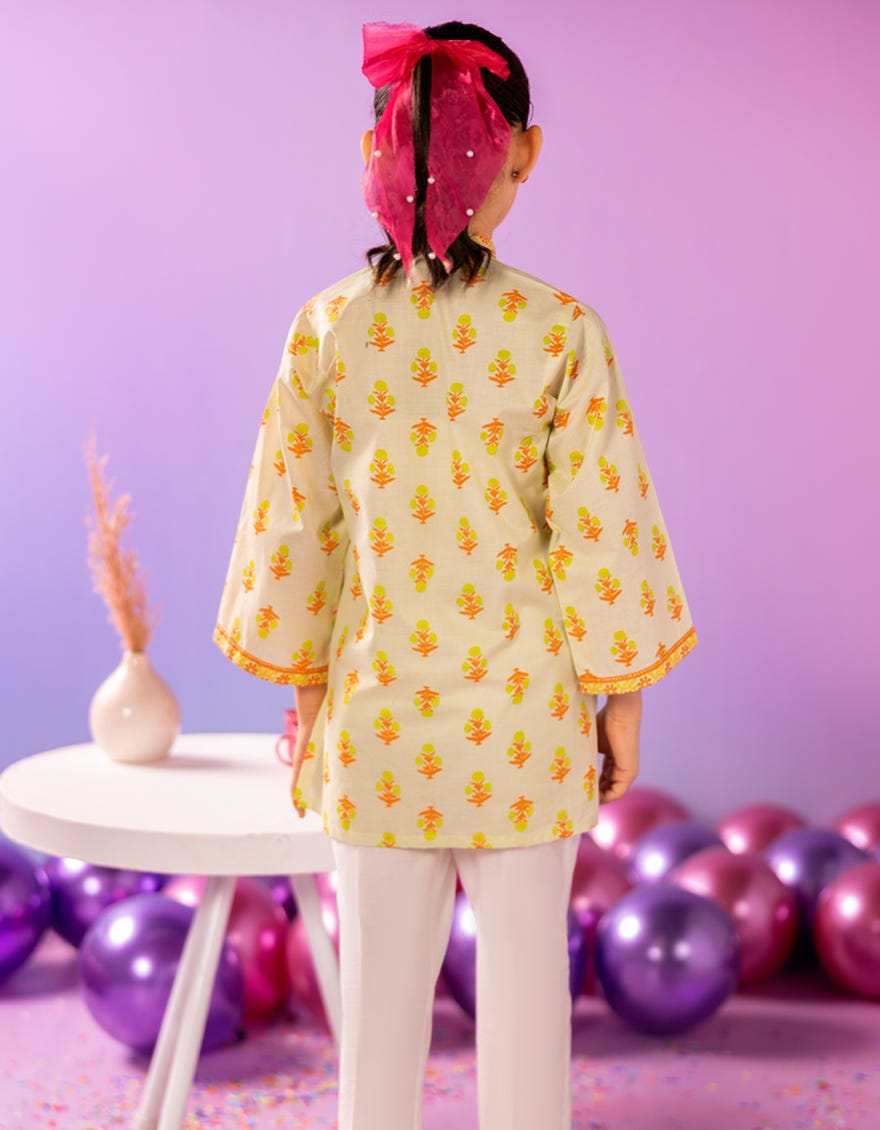 YELLOW LAWN PRINTED KURTI