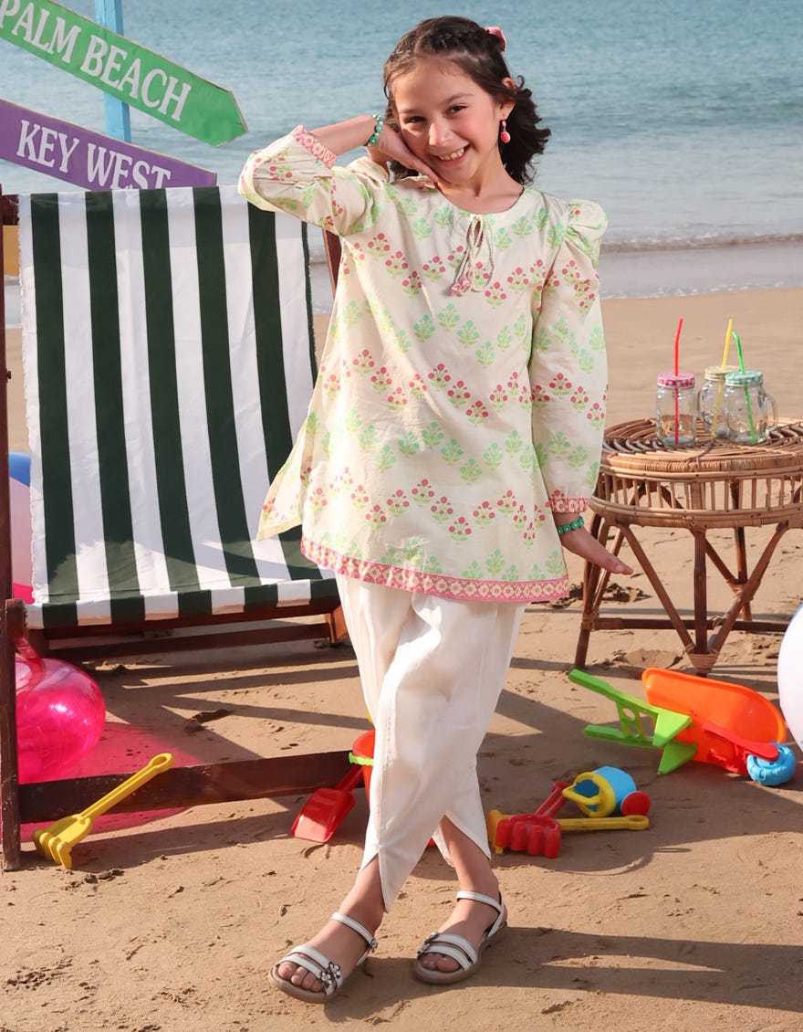 CREAM LAWN PRINTED KURTI | JGLK-S-JGS-25-2529