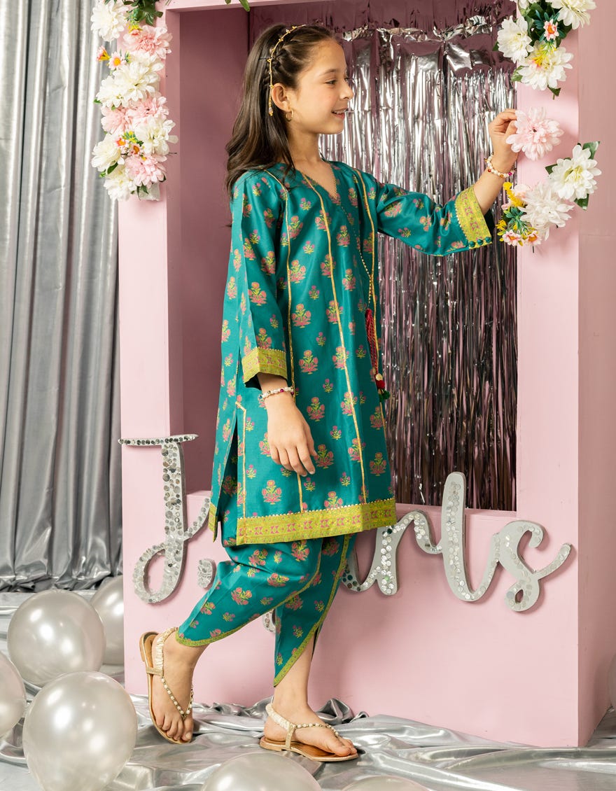 TEAL GREEN LAWN PRINTED 2PC STITCHED