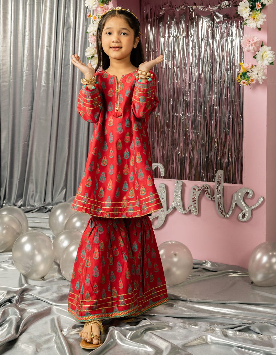 RED LAWN PRINTED 2PC STITCHED