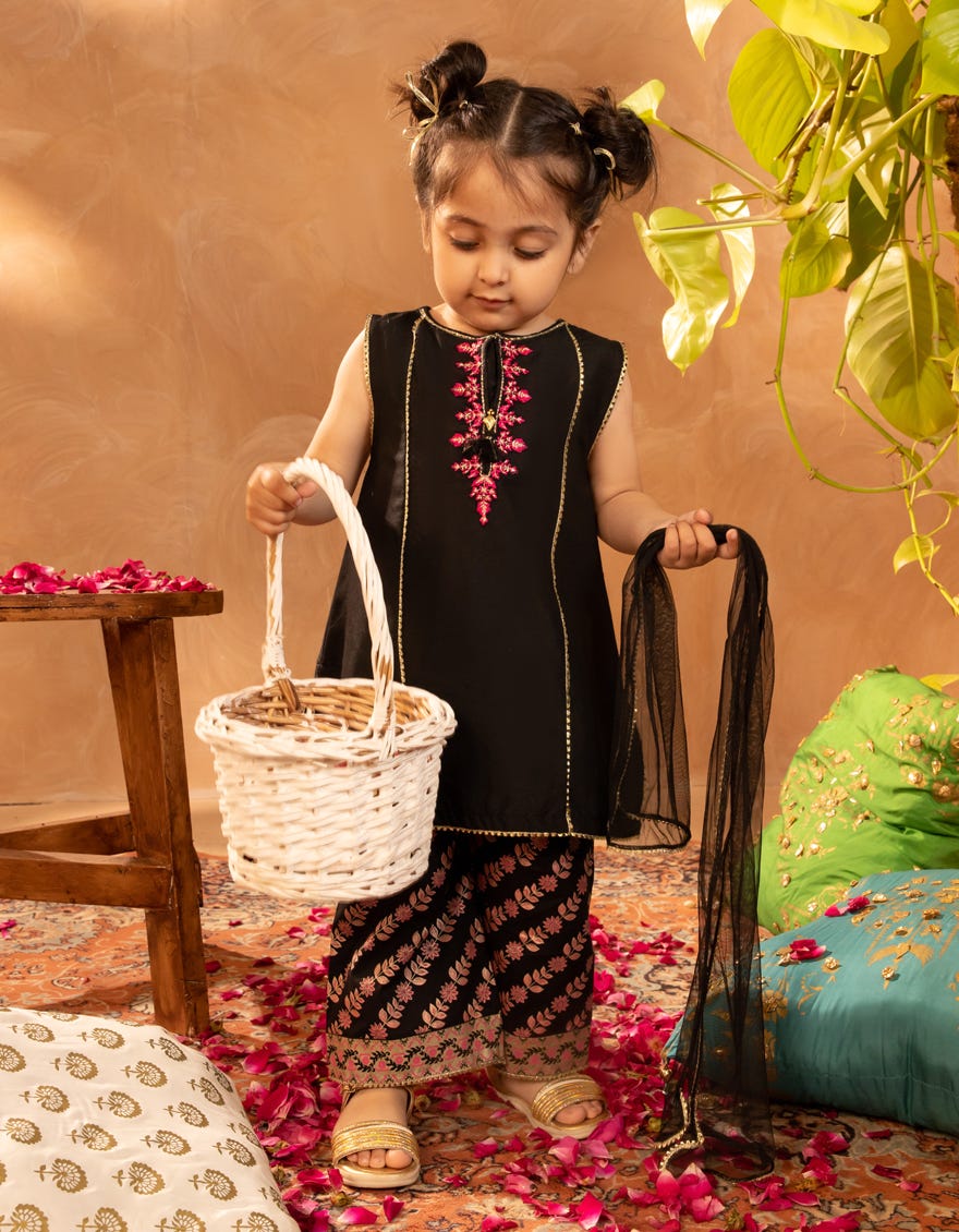 BLACK SILK EMBROIDERED 3PC STITCHED