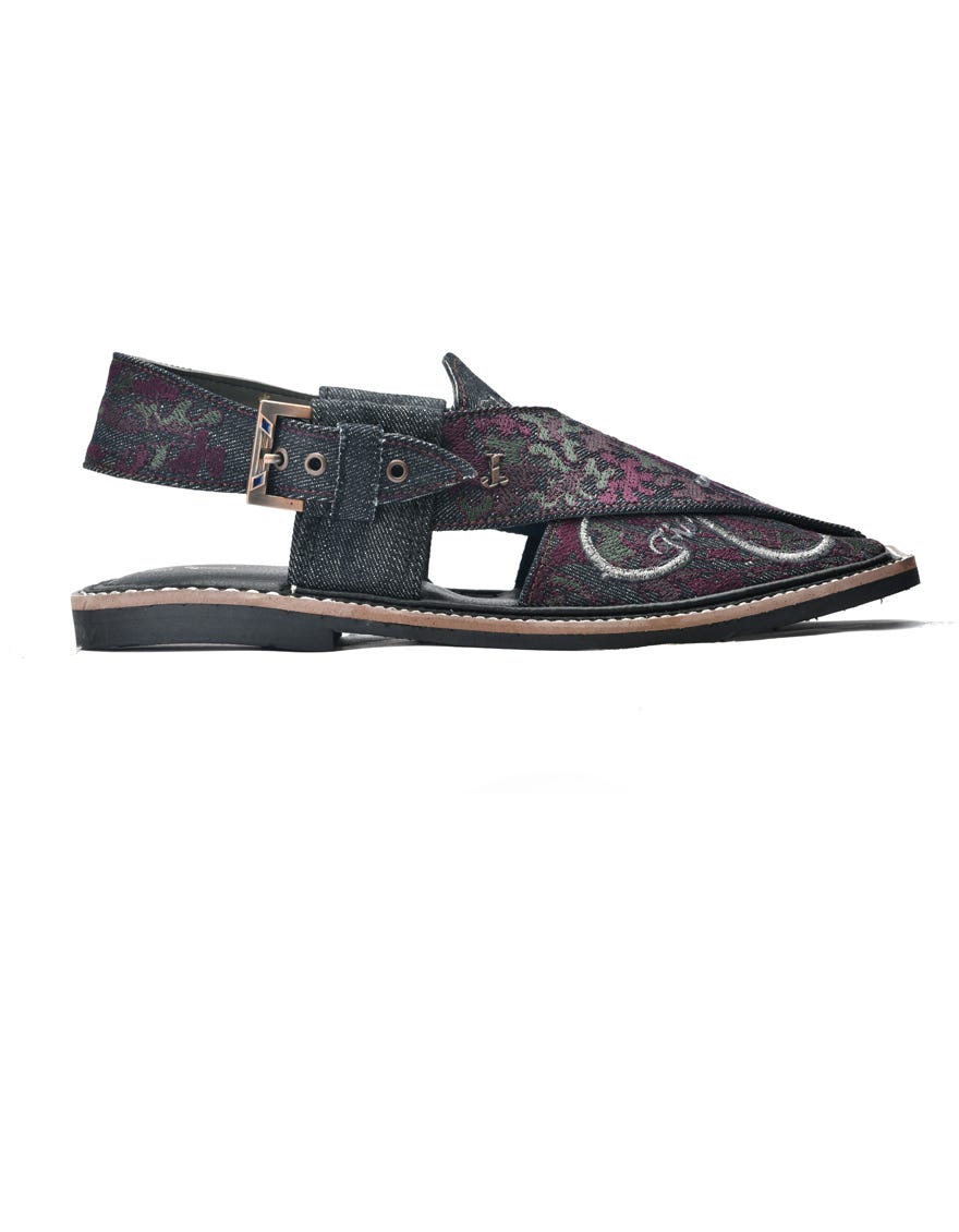 Denim Black Embroidered Peshawari Chappal | Jjfw-Jpc-351-Emb
