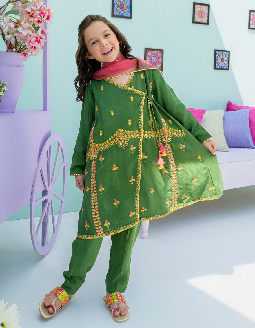 Green Raw Silk Girls 3 Piece Stitched | Jgkl-S-Jjgs-23-040