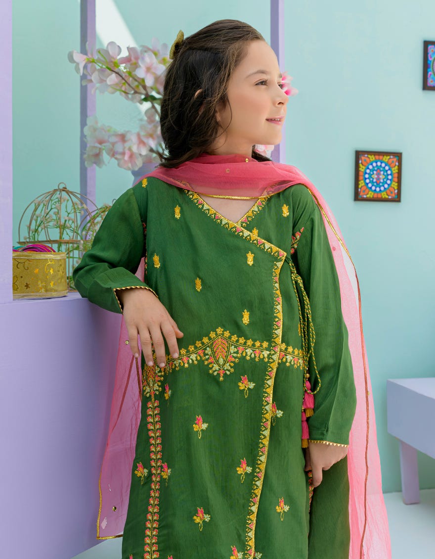 Green Raw Silk Girls 3 Piece Stitched | Jgkl-S-Jjgs-23-040