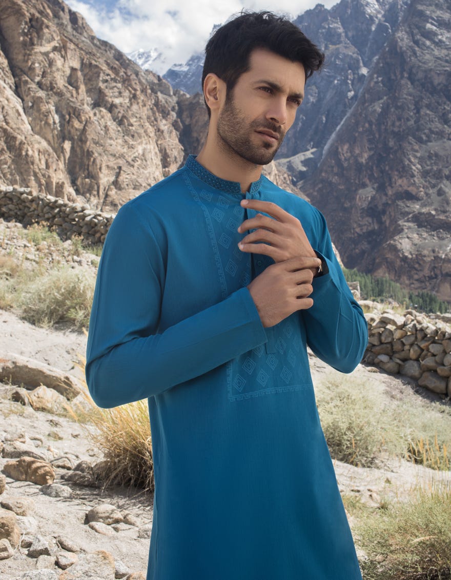 CYAN BLUE COTTON KURTA | JJK-A-34135