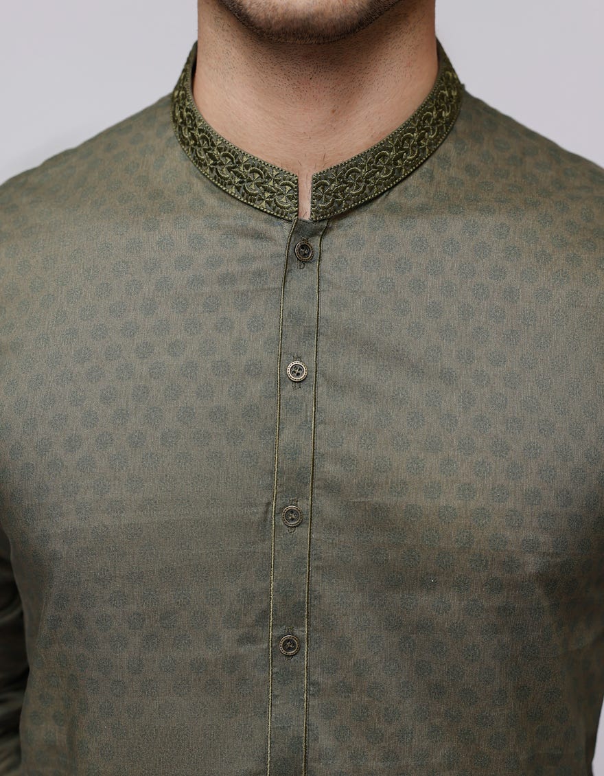 OLIVE COTTON SEMI-FORMAL KURTA