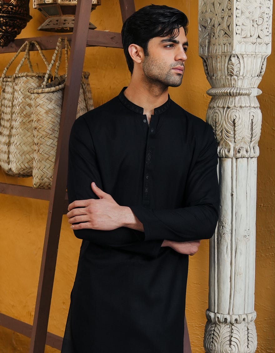 BLACK COTTON SEMI-FORMAL KURTA