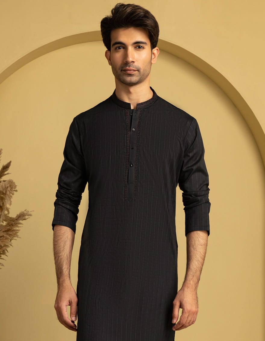 BLACK COTTON SEMI-FORMAL KURTA