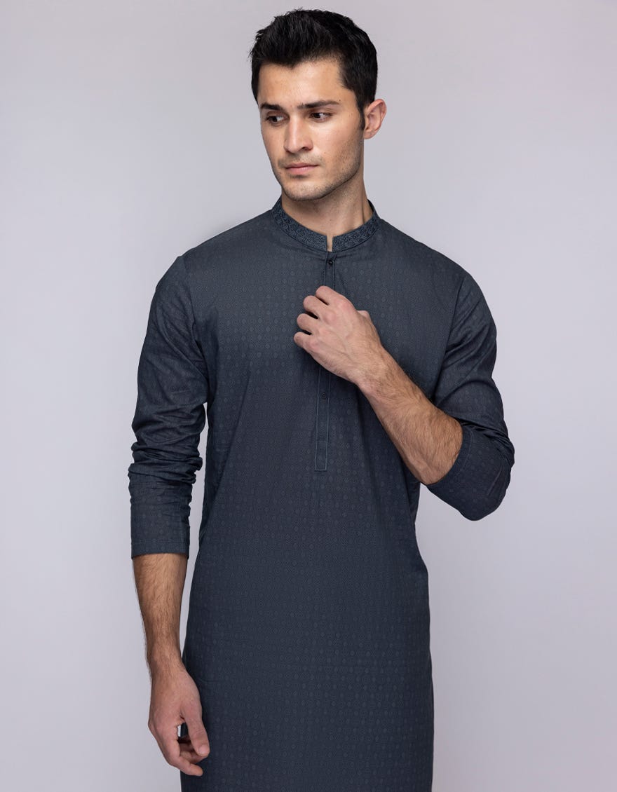 CHARCOAL GREY COTTON SEMI-FORMAL KURTA