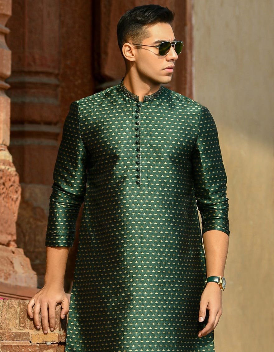DARK GREEN POLYESTER SPECIAL KURTA | JJK-SP-42301