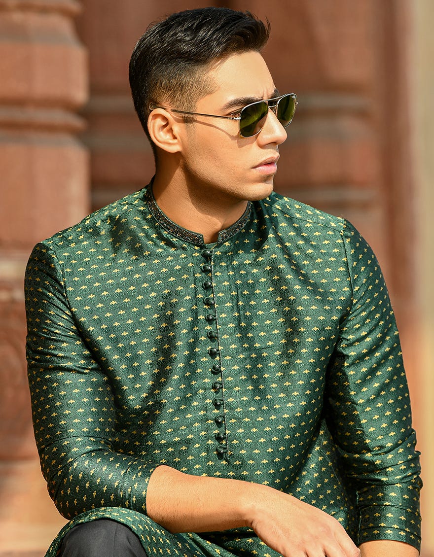 DARK GREEN POLYESTER SPECIAL KURTA | JJK-SP-42301